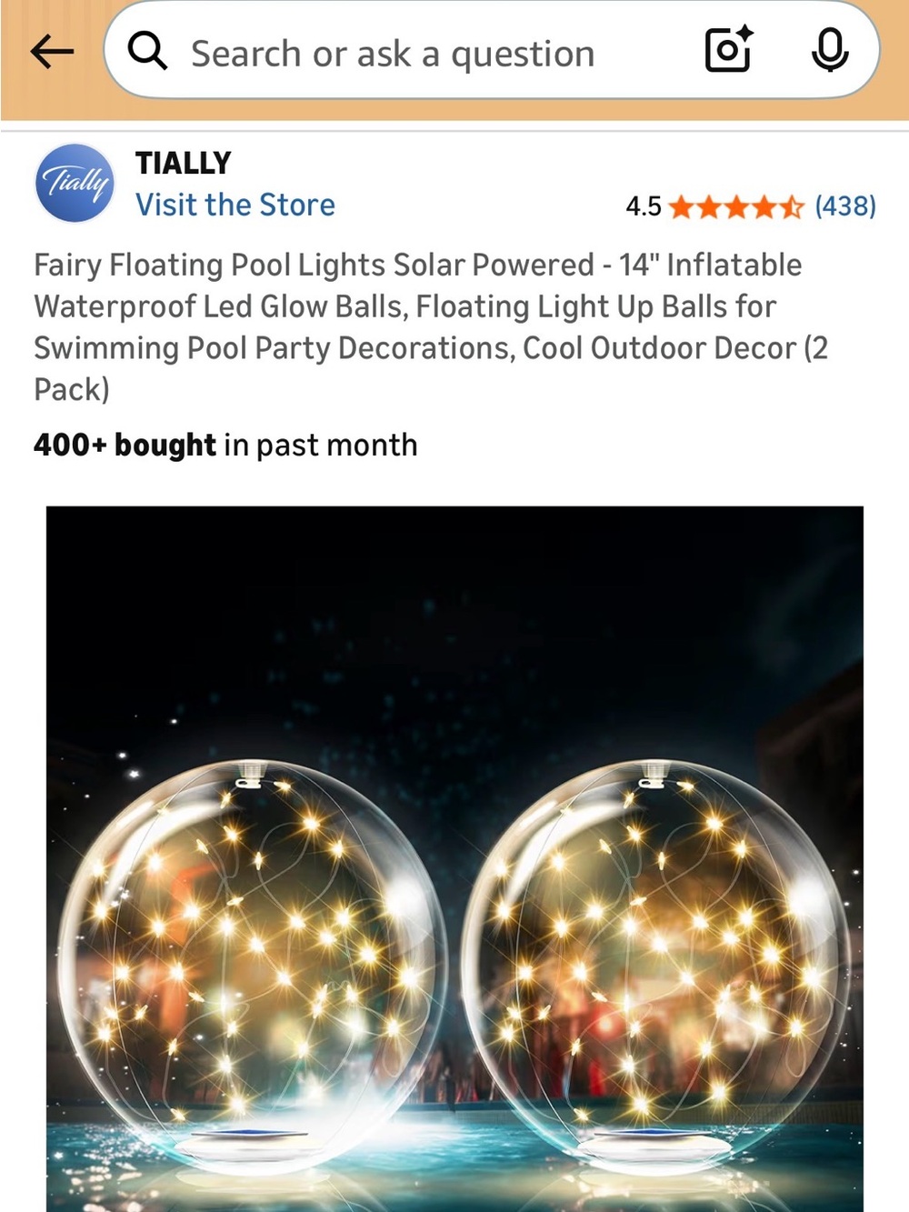 Solar-Powered Floating LED Pool Light Ball - Clear/Gold Glow (2 Pack)